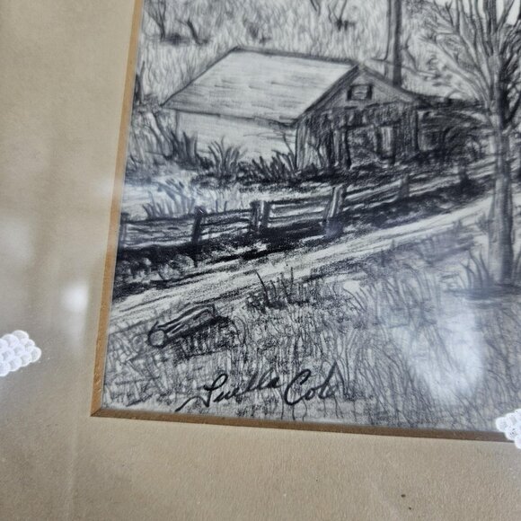 Vintage Lucille Cole Rural Landscape Drawing Framed Art Trees Cabin Signed 14x12 - Picture 3 of 11